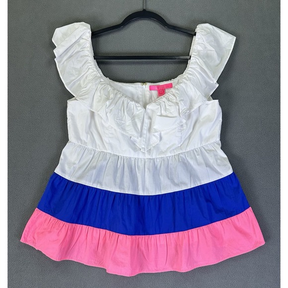 Lilly Pulitzer Tops - Lilly Pulitzer Top Size 10 White Pink Emie Ruffle Resort Beach Coconut Babydoll